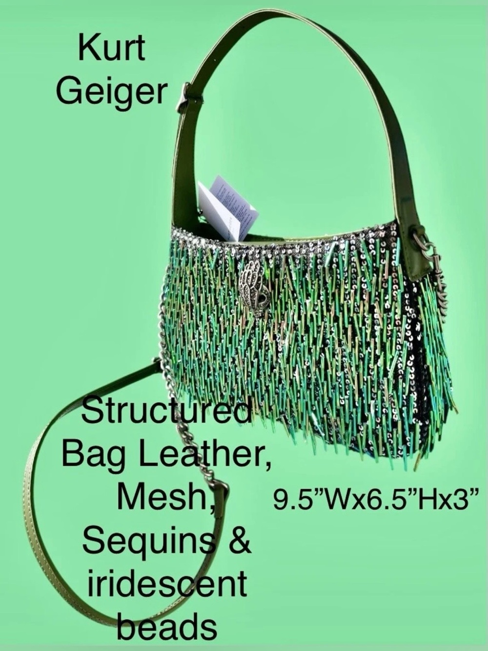 Kurt Geiger “Bond” Crossbody/Shoulder Bag Green Iridescent Beads/Silver sequins